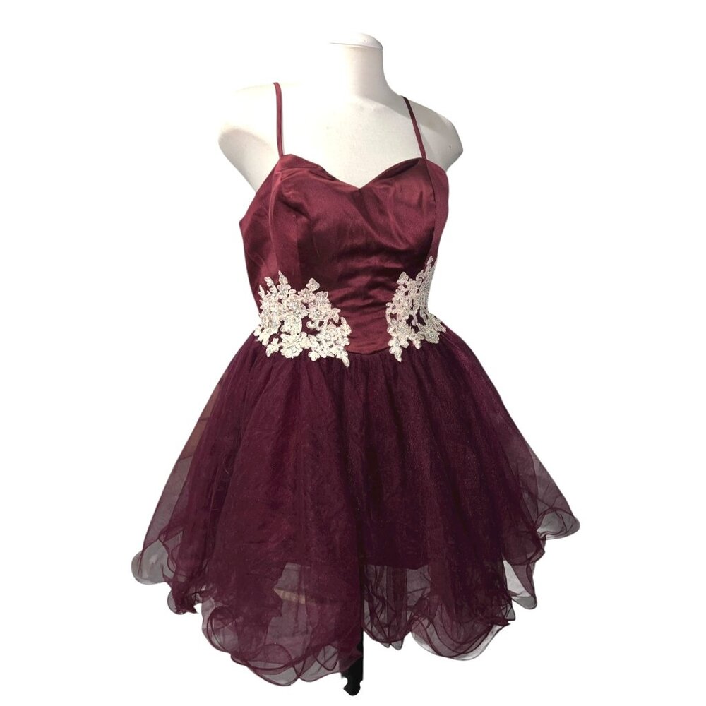 Hebeos Burgundy Tulle Short Party Dress Size Sz XL Womens Lace Appliqué Spaghett